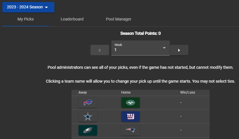 A screenshot showing the stand-alone pool module on the "My Picks" tab